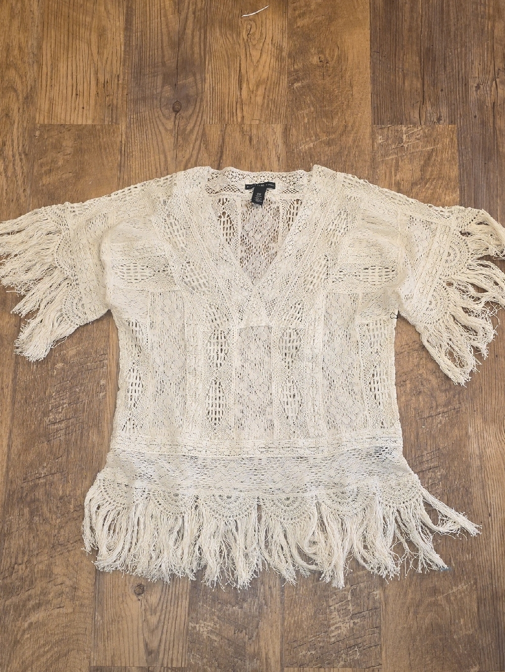 Chico's Black Label Light Cream Crochet Fringe V-Neck Top.so Pretty